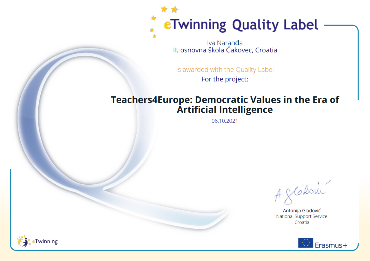 eTwinning nacionalna oznaka kvalitete Iva Narana Teachers4Europe: Democratic Values in the Era of Artificial Intelligence